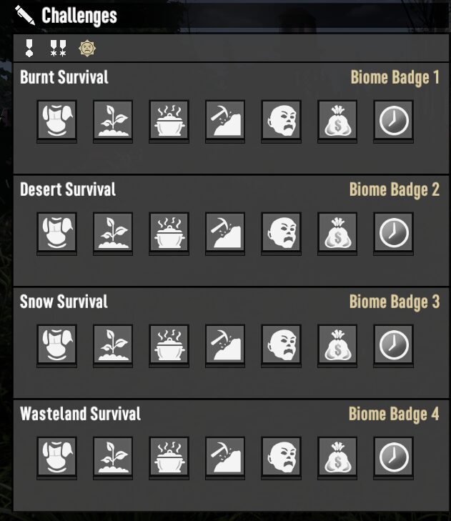 The challenges screen for all biomes present in 7 Days to Die.